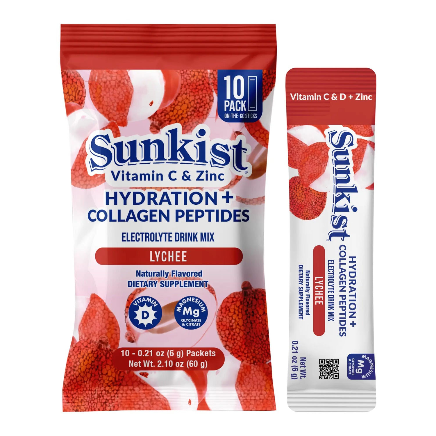 Sunkist All-In-One Wellness Drink Mix, Lychee Flavor, Hydration & Collagen Peptides, Magnesium, Vitamin C & Zinc (10 Sticks)