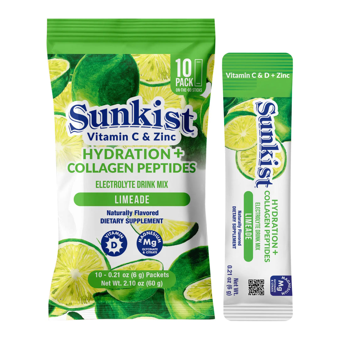 Sunkist All-In-One Wellness Drink Mix, Limeade Flavor, Hydration & Collagen Peptides, Magnesium, Vitamin C & Zinc (10 Sticks)