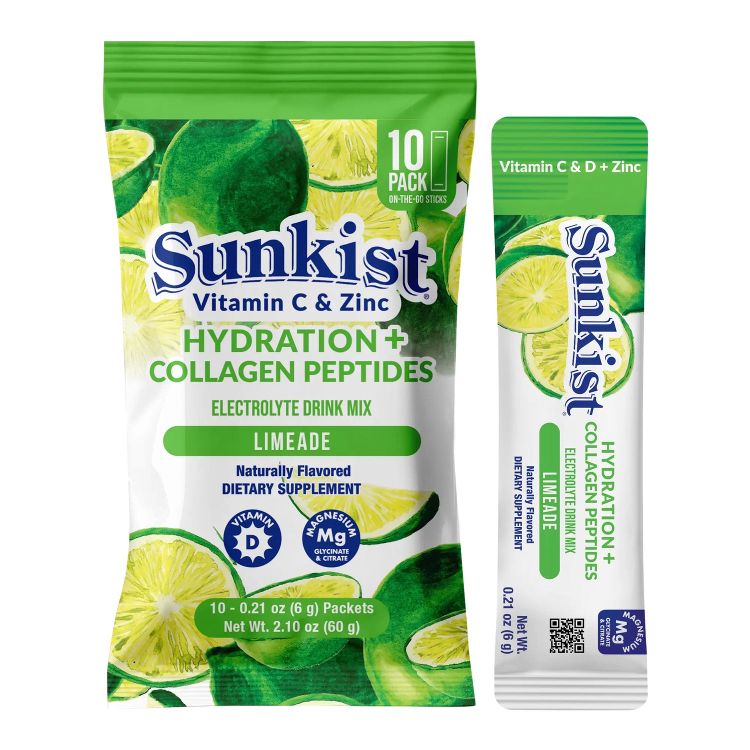 Sunkist All-In-One Wellness Drink Mix, Limeade Flavor, Hydration & Collagen Peptides, Magnesium, Vitamin C & Zinc (10 Sticks)