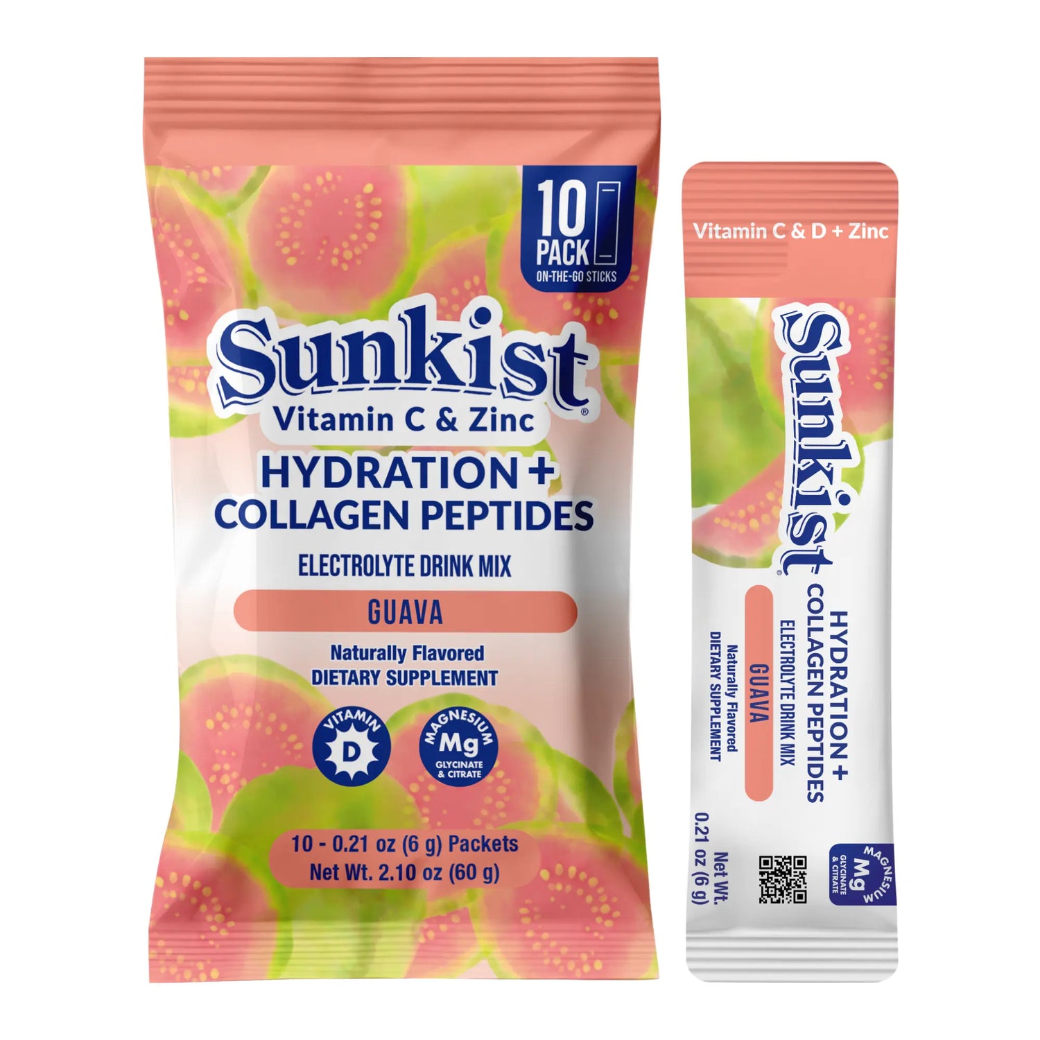 Sunkist All-In-One Wellness Drink Mix, Guava Flavor, Hydration & Collagen Peptides, Magnesium, Vitamin C & Zinc (10 Sticks)
