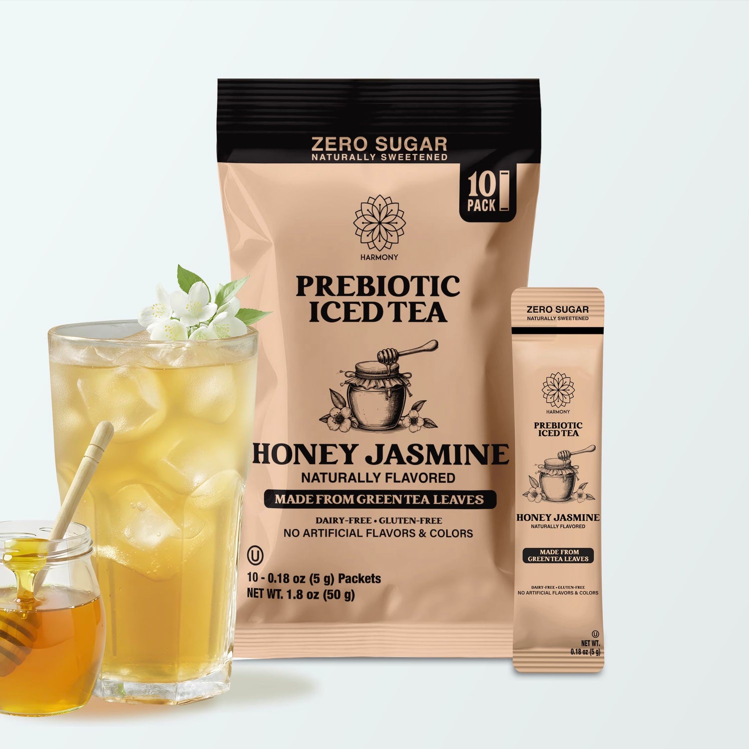 Harmony Prebiotic Iced Tea Honey Jasmine Green Tea Flavor, Zero Sugar, 3g Prebiotic Fiber, 25 Calories per Stick Pack, 10 Count