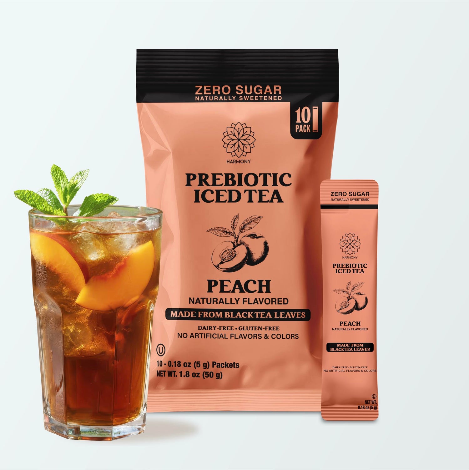 Harmony Prebiotic Iced Tea Peach Black Tea Flavor, Zero Sugar, 3g Prebiotic Fiber, 25 Calories per Stick Pack, 10 Count