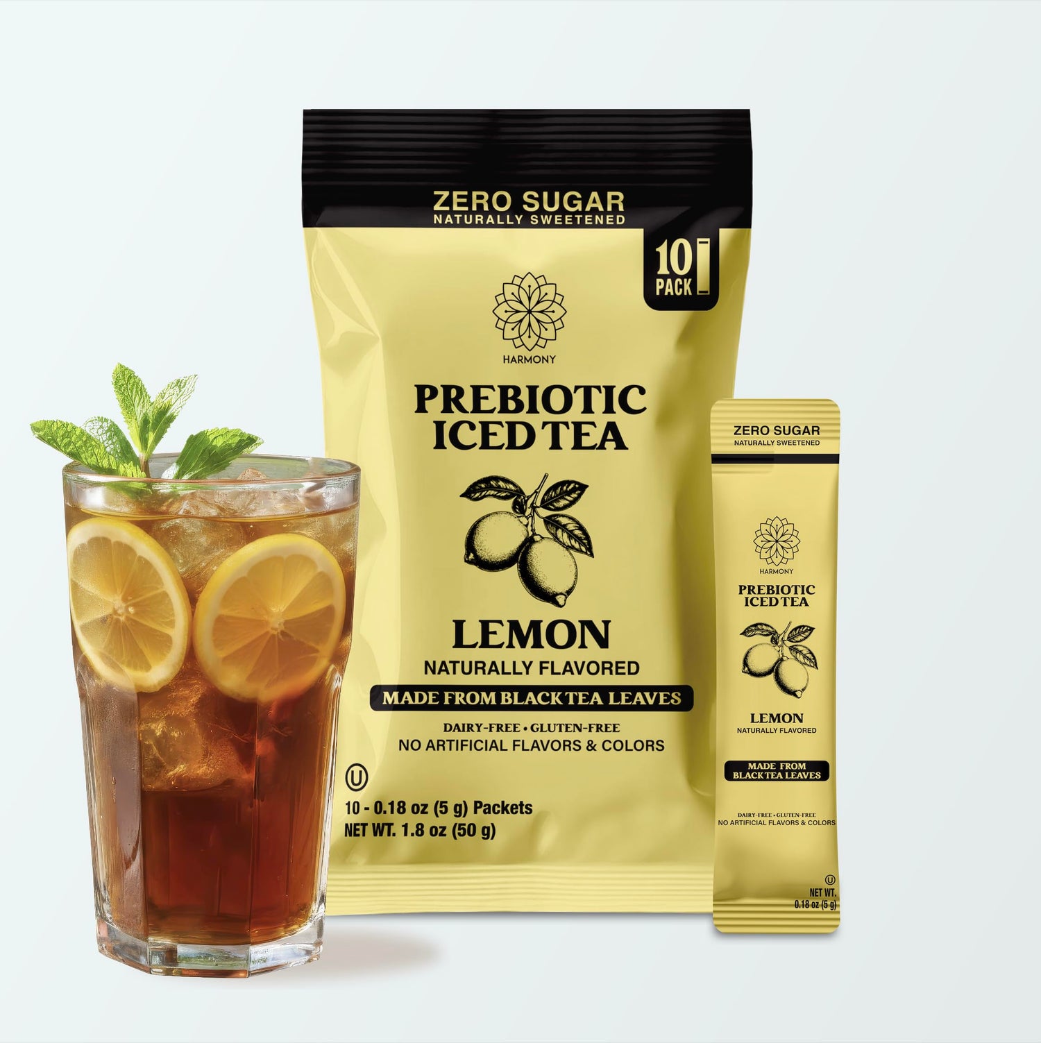 Harmony Prebiotic Iced Tea Lemon Black Tea Flavor, Zero Sugar, 3g Prebiotic Fiber, 25 Calories per Stick Pack, 10 Count