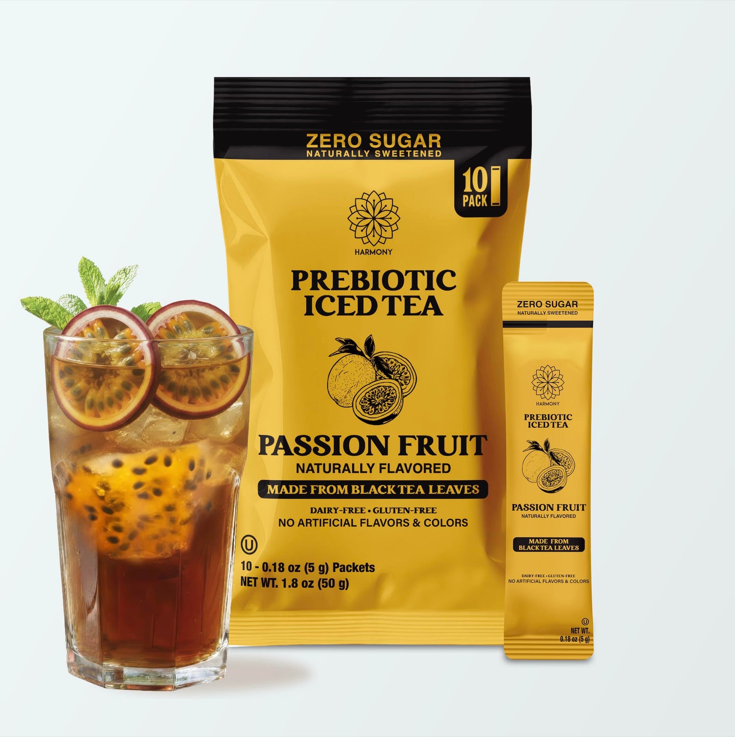 Harmony Prebiotic Iced Tea Passion Fruit Black Tea Flavor, Zero Sugar, 3g Prebiotic Fiber, 25 Calories per Stick Pack, 10 Count