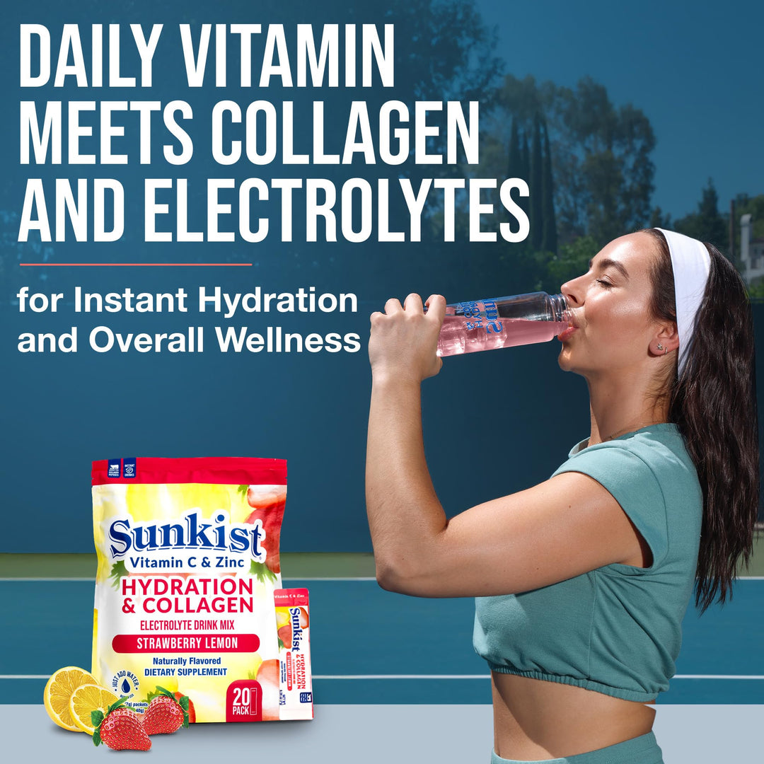 Sunkist All-In-One Wellness Drink Mix, Strawberry Flavor, Hydration & Collagen Peptides, Magnesium, Vitamin C & Zinc (10 Sticks)