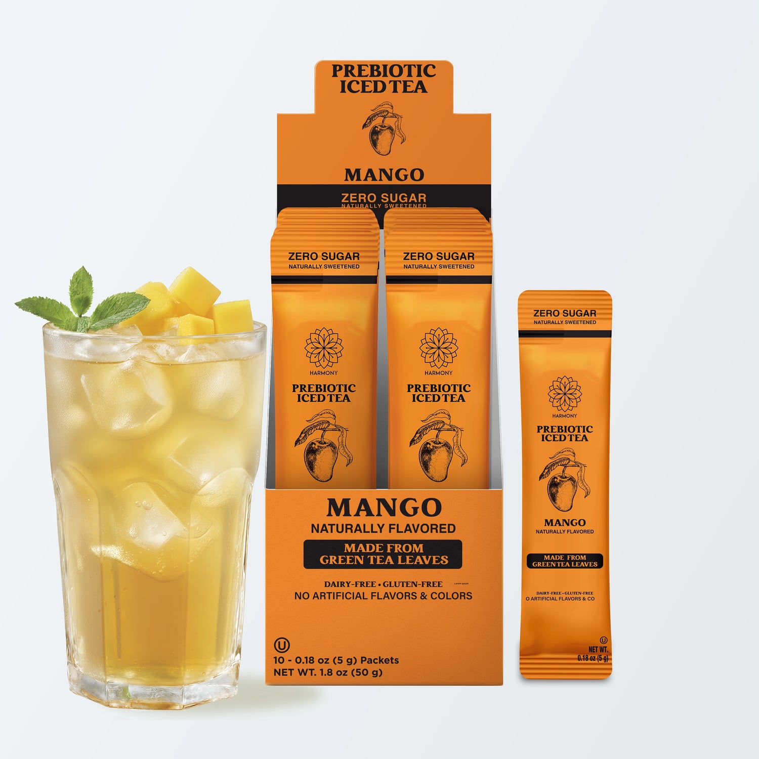 Prebiotic Green Tea Mango Flavor, 25 Calories per Stick Pack, 10 Count stick bag Carton