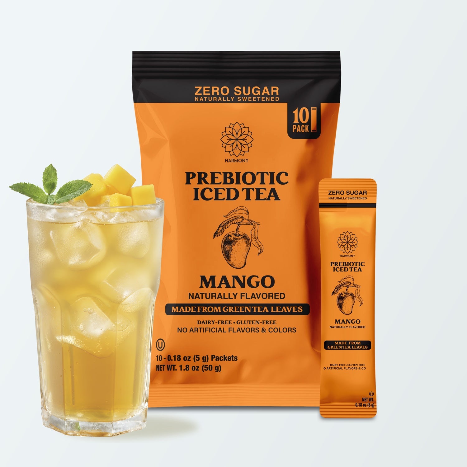 Harmony Prebiotic Iced Tea Mango Green Tea Flavor, Zero Sugar, 3g Prebiotic Fiber, 25 Calories per Stick Pack, 10 Count