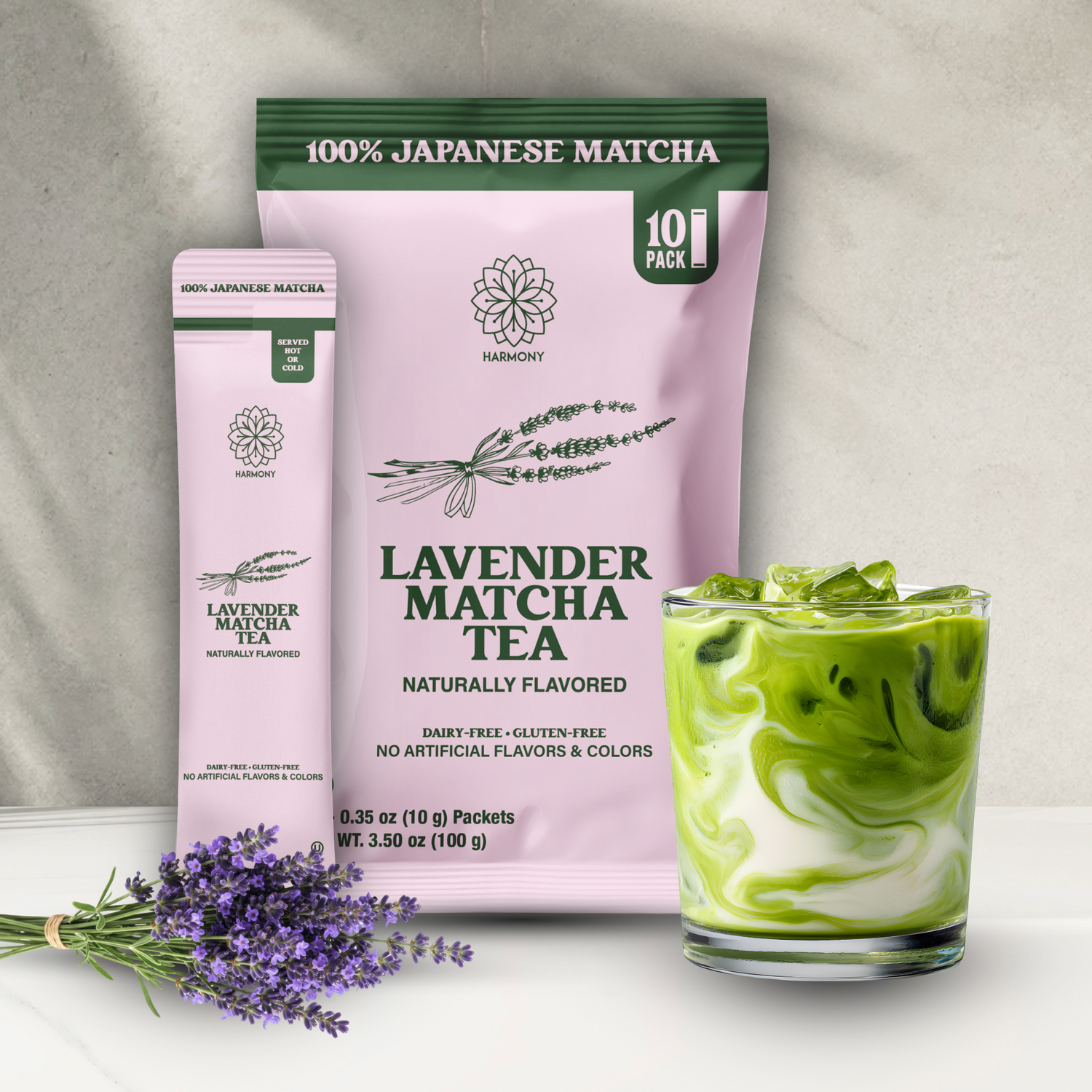 Harmony Matcha Lavender, Premium Shade-Grown Japanese Matcha, Sweetened with Organic Sugar, 10 Count Per Pouch
