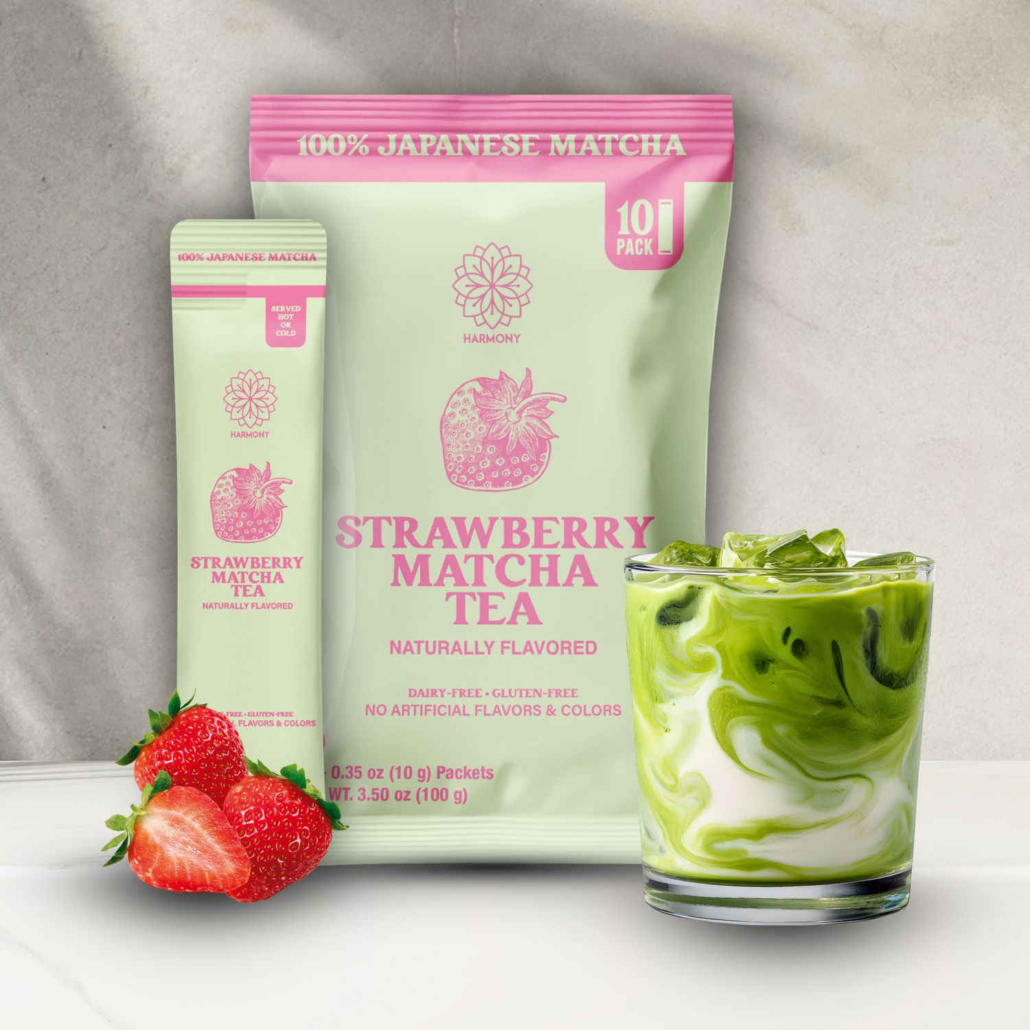Harmony Matcha Strawberry, Premium Shade-Grown Japanese Matcha, Sweetened with Organic Sugar, 10 Count Per Pouch