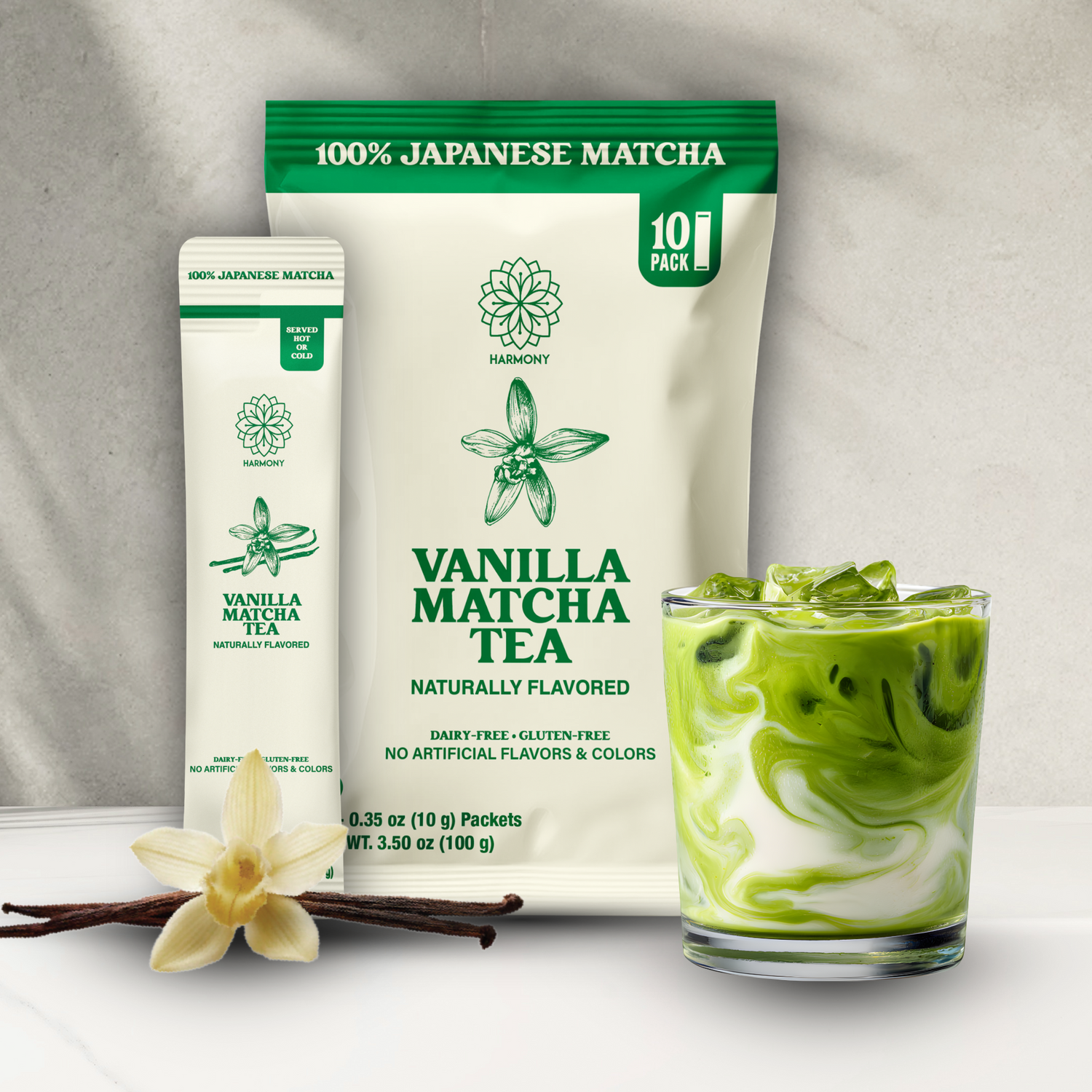 Harmony Matcha Vanilla, Premium Shade-Grown Japanese Matcha, Sweetened with Organic Sugar, 10 Count Per Pouch