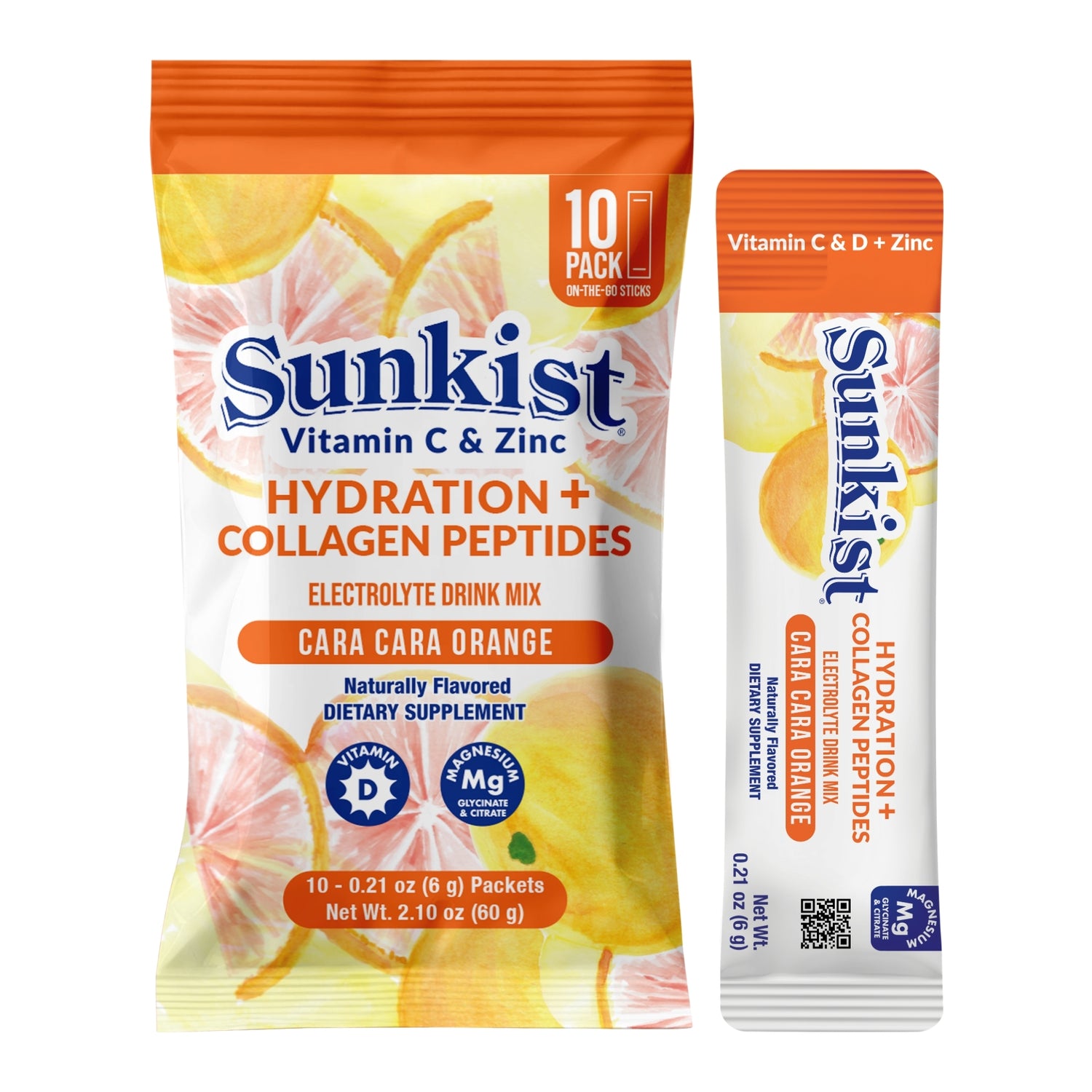 Sunkist All-In-One Wellness Drink Mix, Cara Cara Orange Flavor, Hydration & Collagen Peptides, Magnesium, Vitamin C & Zinc (10 Sticks)