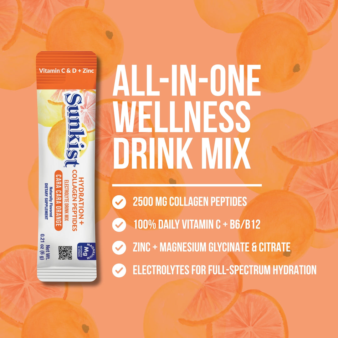 Sunkist All-In-One Wellness Drink Mix, Cara Cara Orange Flavor, Hydration & Collagen Peptides, Magnesium, Vitamin C & Zinc (10 Sticks)