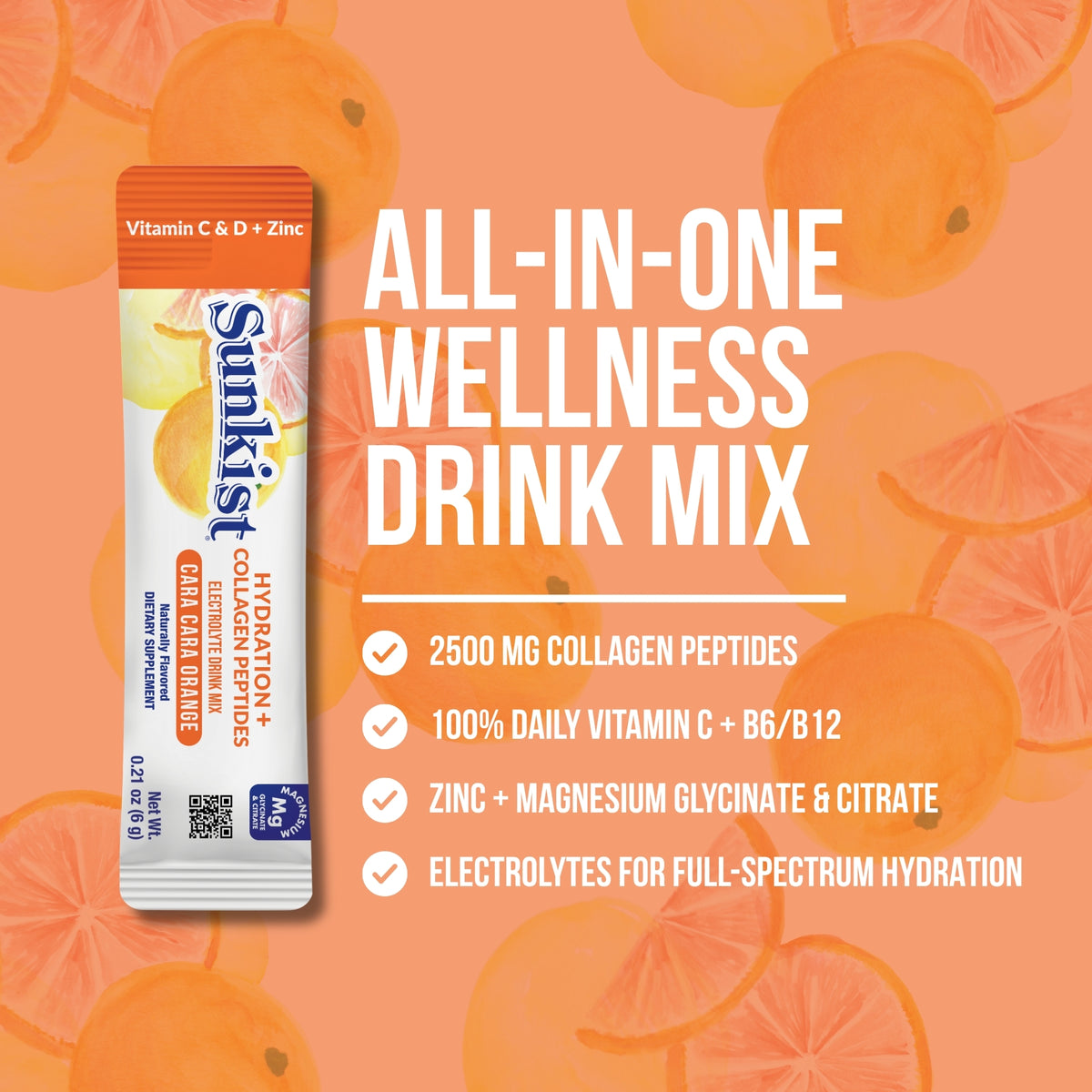 Sunkist All-In-One Wellness Drink Mix, Cara Cara Orange Flavor, Hydration & Collagen Peptides, Magnesium, Vitamin C & Zinc (10 Sticks)