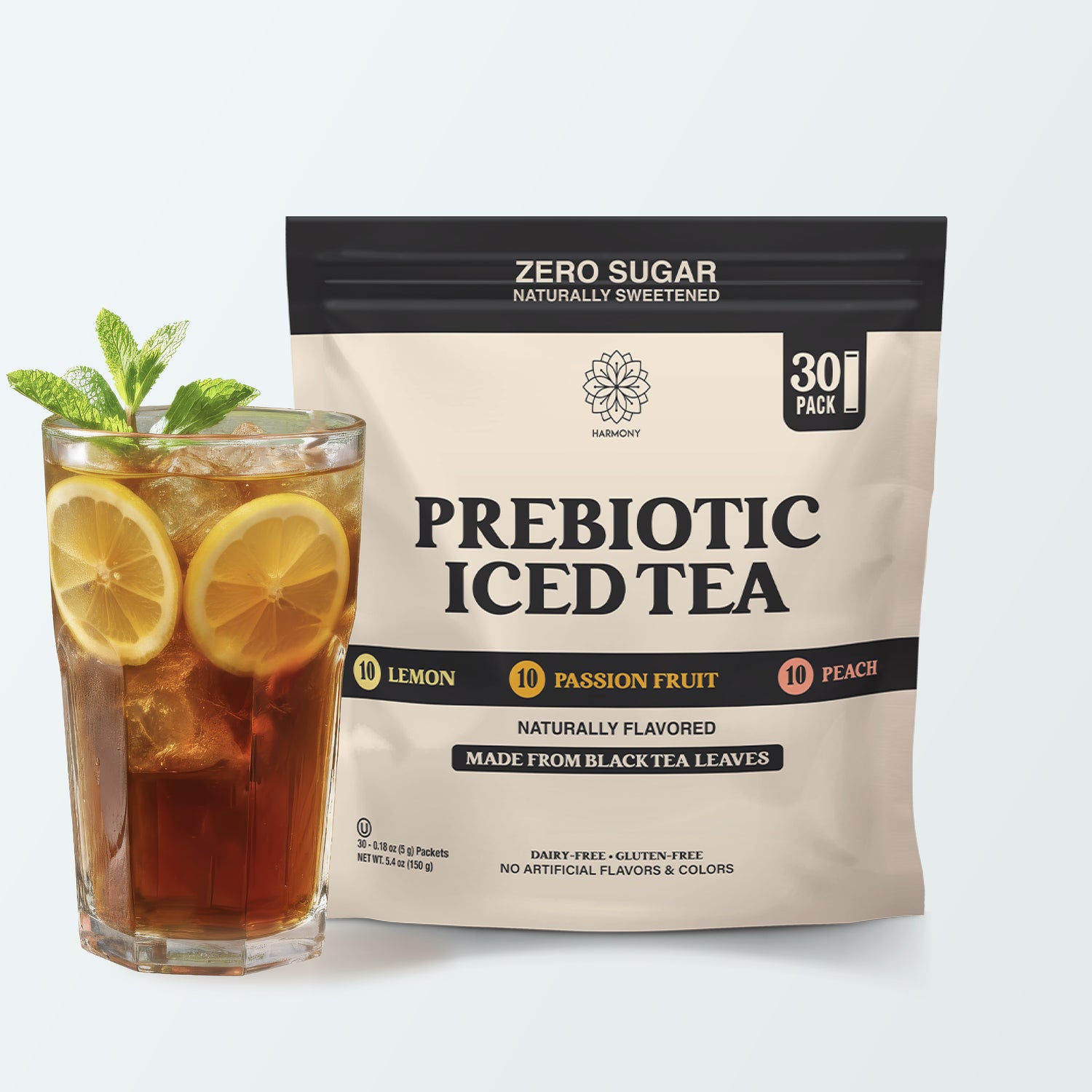 Prebiotic Black Tea Variety Pack - 3 Flavors Peach Lemon Passion Fruit, Iced Tea Drink Mix with Plant Fiber for Gut Health, Gluten Free, Caffeinated, Zero Sugar, 30 Stick Packs