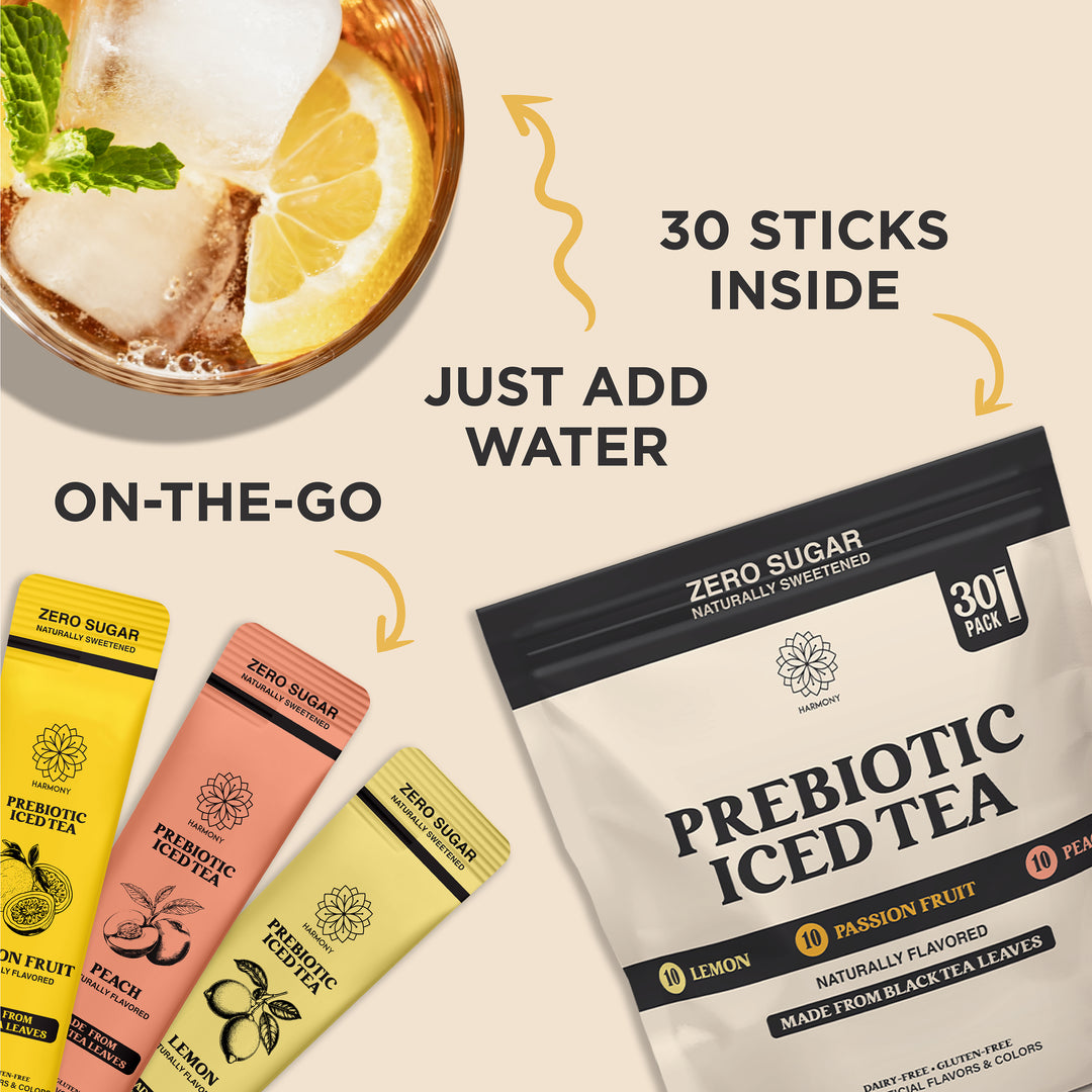 Prebiotic Black Tea Variety Pack - 3 Flavors Peach Lemon Passion Fruit, Iced Tea Drink Mix with Plant Fiber for Gut Health, Gluten Free, Caffeinated, Zero Sugar, 30 Stick Packs
