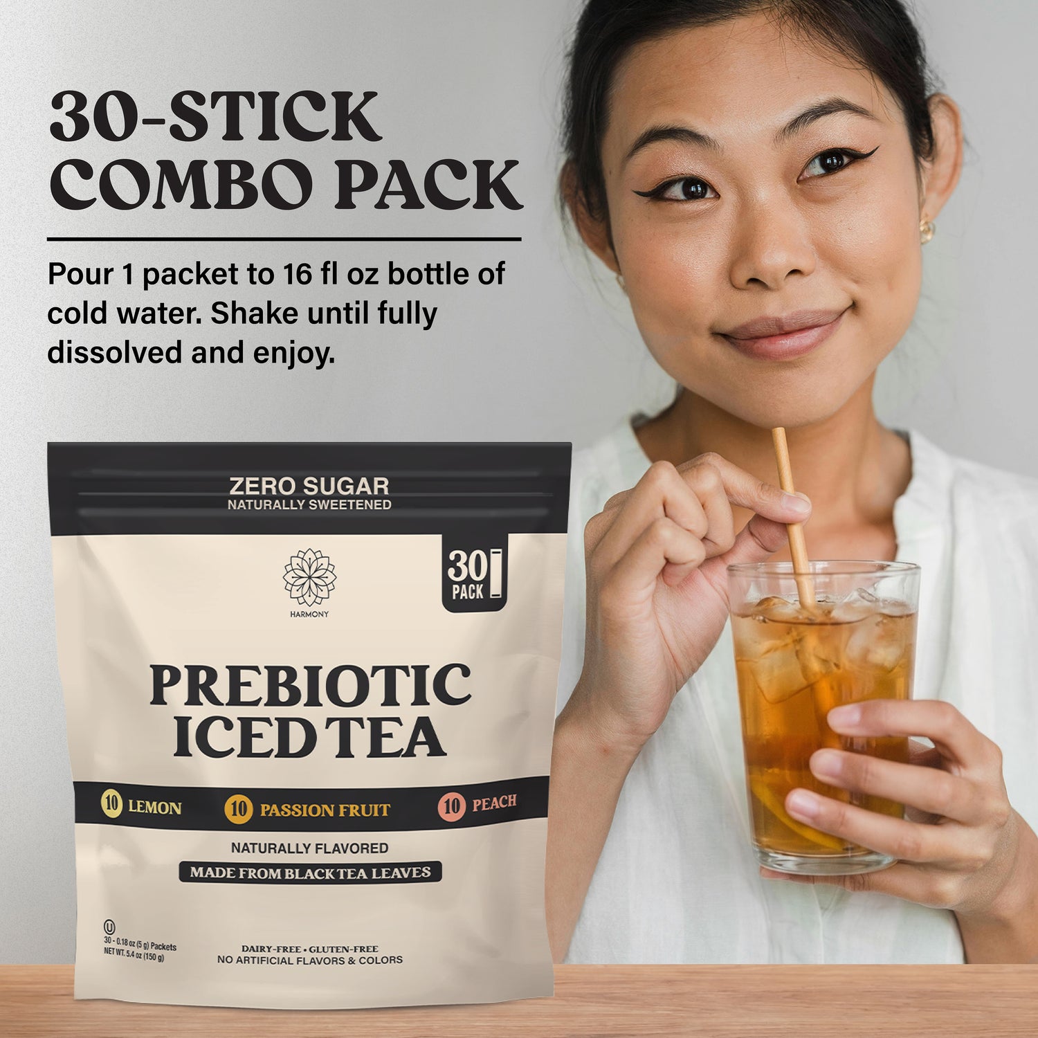 Prebiotic Black Tea Variety Pack - 3 Flavors Peach Lemon Passion Fruit, Iced Tea Drink Mix with Plant Fiber for Gut Health, Gluten Free, Caffeinated, Zero Sugar, 30 Stick Packs