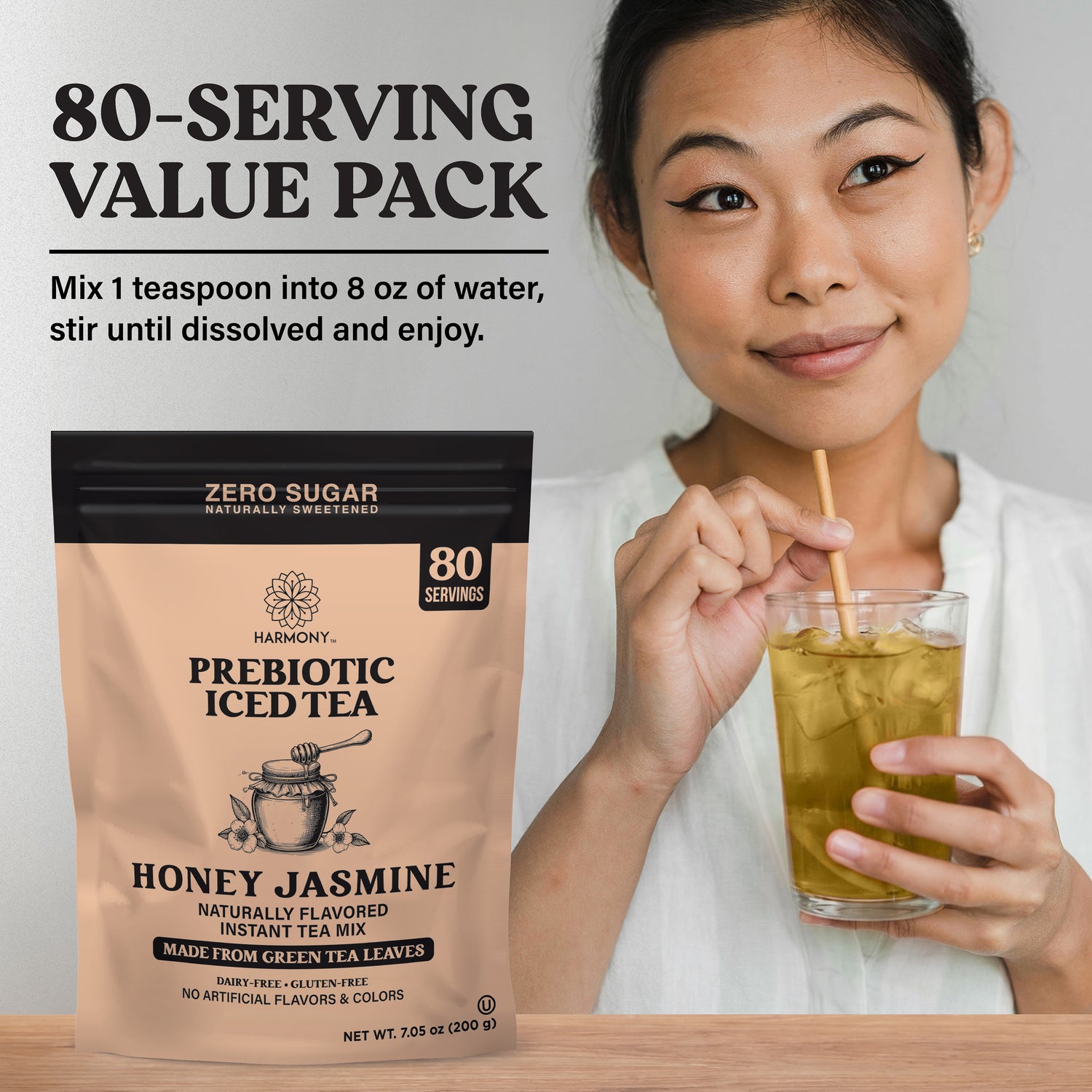 Harmony Prebiotic Iced Tea Honey Jasmine Green Tea Flavor, Zero Sugar, 2g Prebiotic Fiber, 10 Calories per Serving, 20 Servings