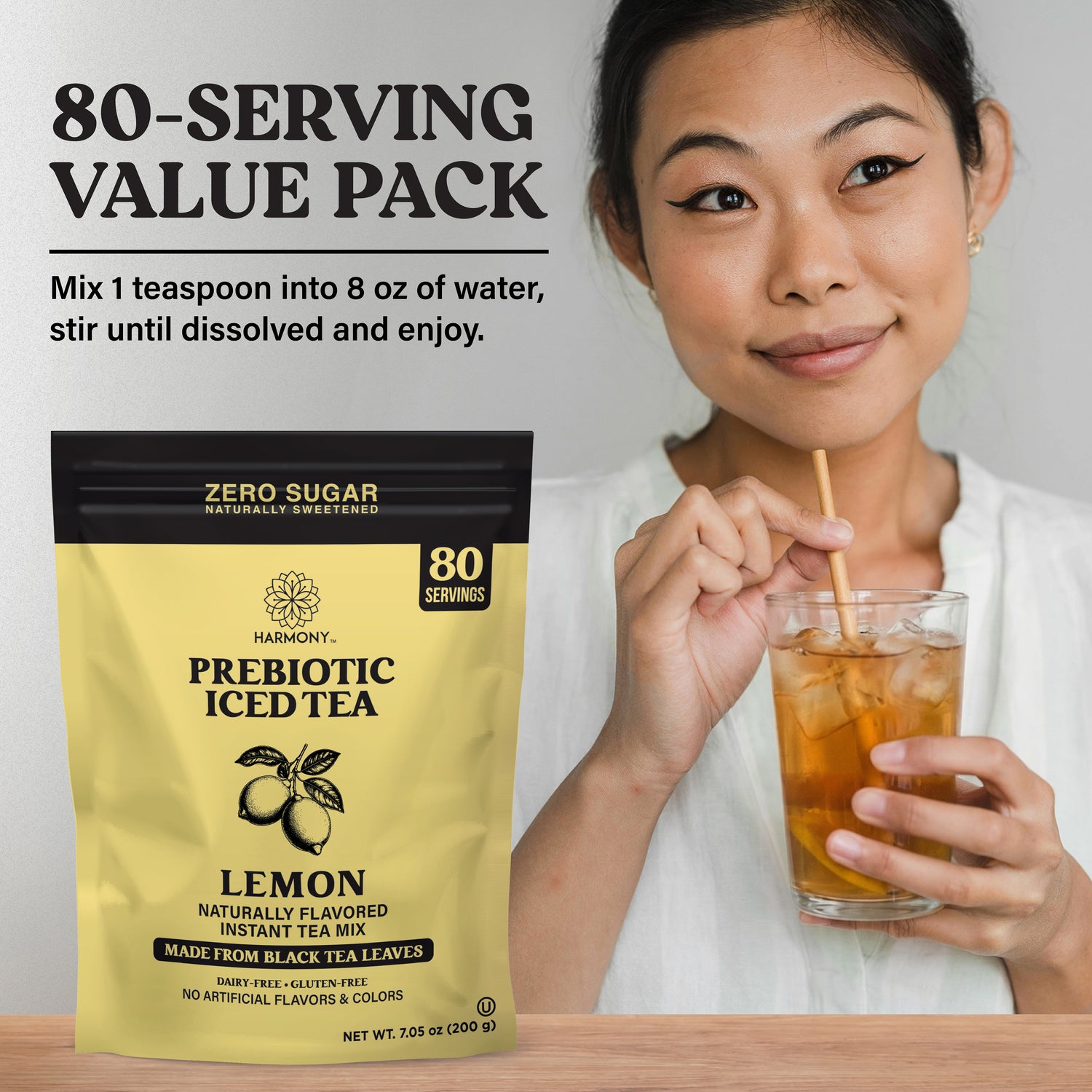 Harmony Prebiotic Iced Tea Lemon Black Tea Flavor, Zero Sugar, 2g Prebiotic Fiber, 10 Calories per Serving, 20 Servings