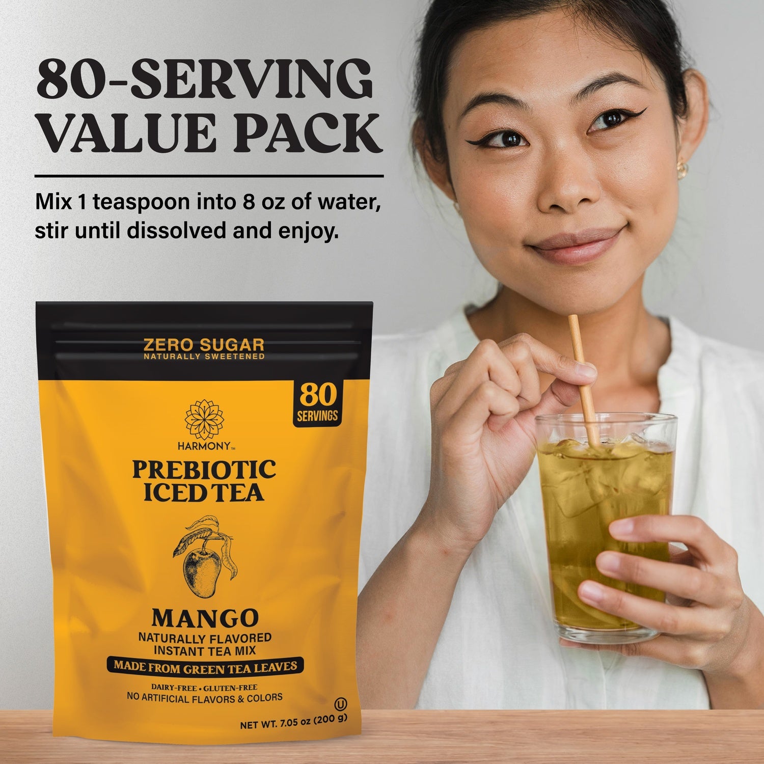 Harmony Prebiotic Iced Tea Mango Green Tea Flavor, Zero Sugar, 2g Prebiotic Fiber, 10 Calories per Serving, 20 Servings