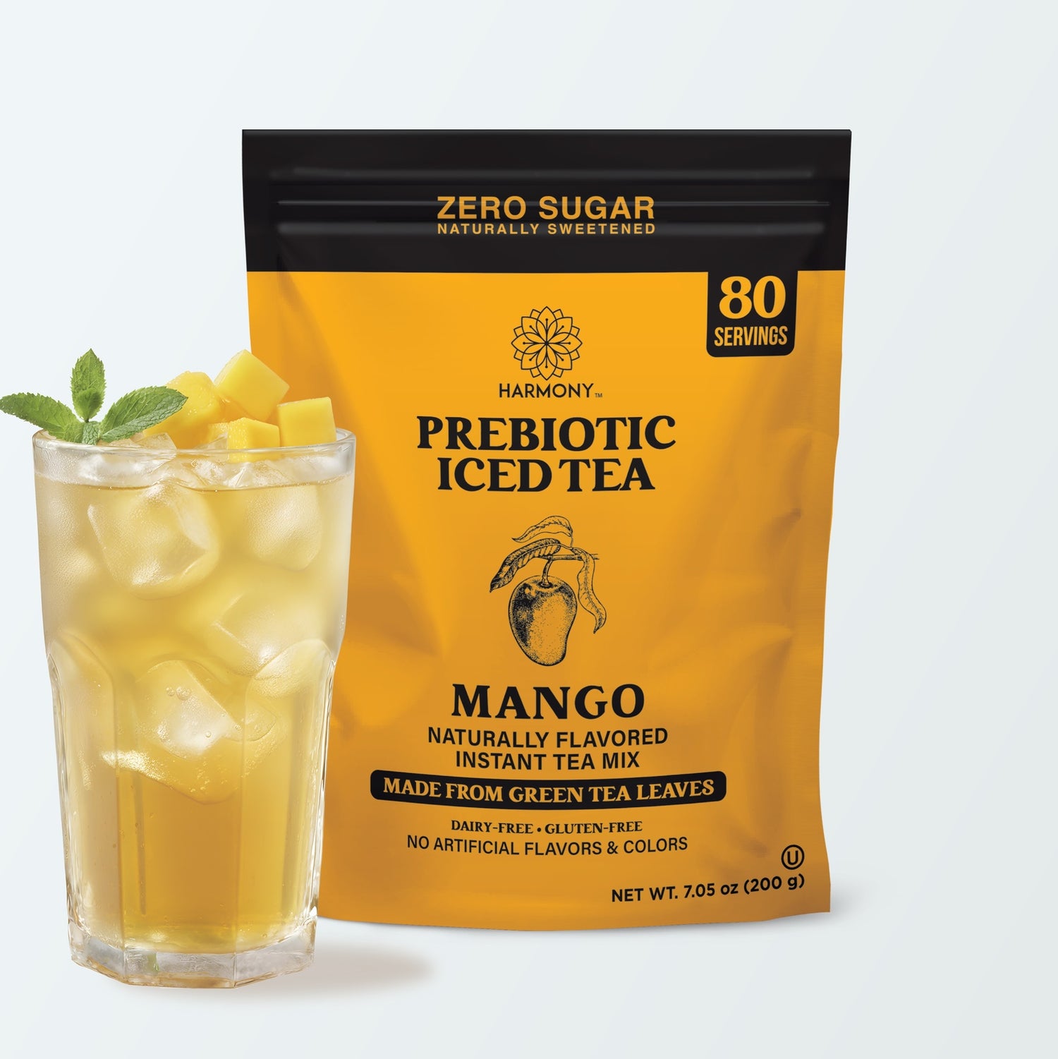 Harmony Prebiotic Iced Tea Mango Green Tea Flavor, Zero Sugar, 2g Prebiotic Fiber, 10 Calories per Serving, 20 Servings