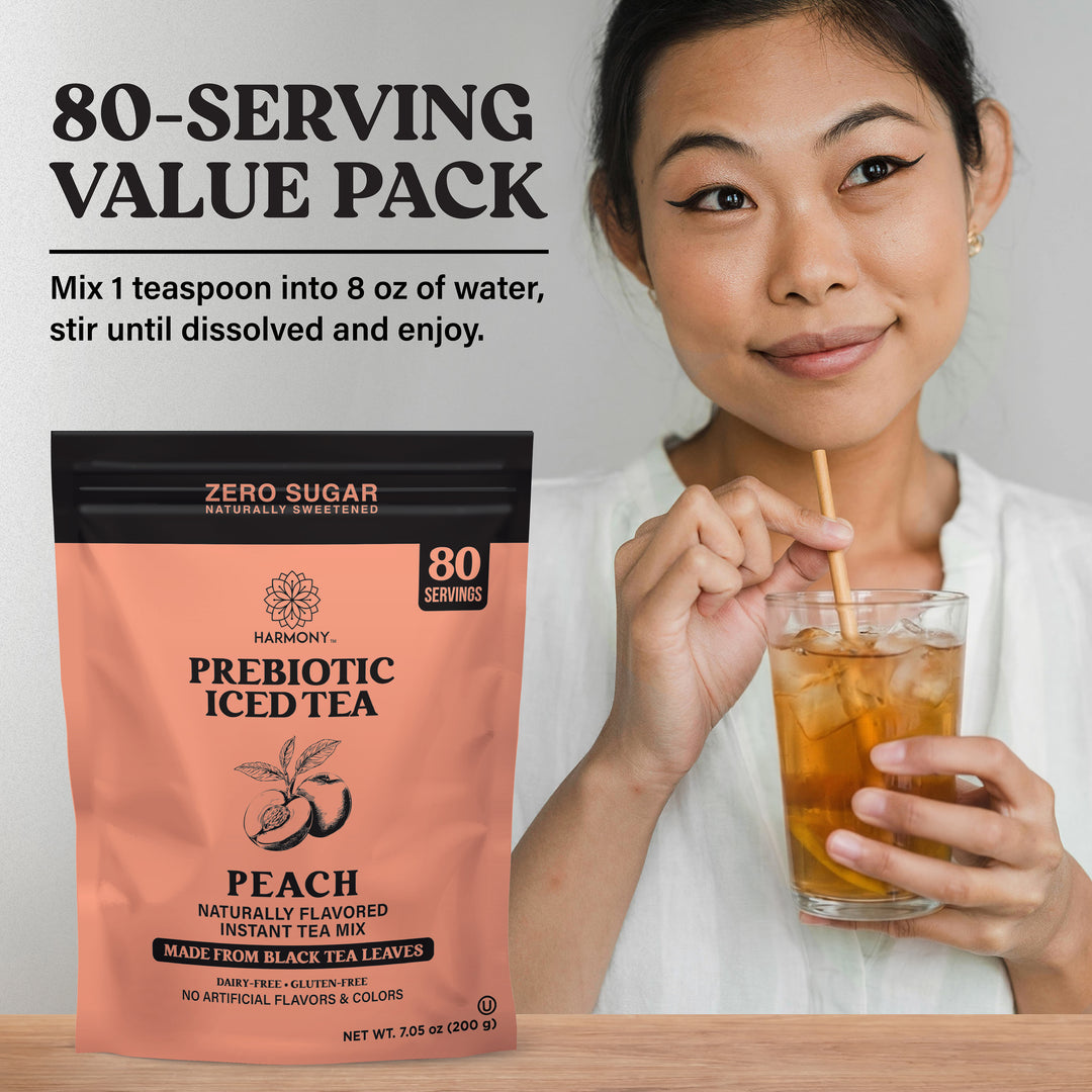 Harmony Prebiotic Iced Tea Peach Black Tea Flavor, Zero Sugar, 2g Prebiotic Fiber, 10 Calories per Serving, 20 Servings
