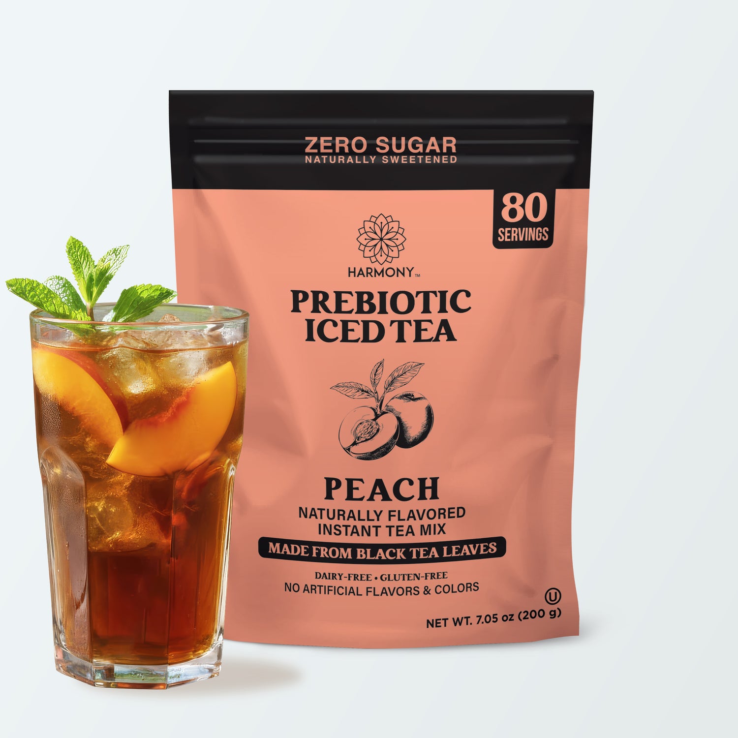 Harmony Prebiotic Iced Tea Peach Black Tea Flavor, Zero Sugar, 2g Prebiotic Fiber, 10 Calories per Serving, 20 Servings