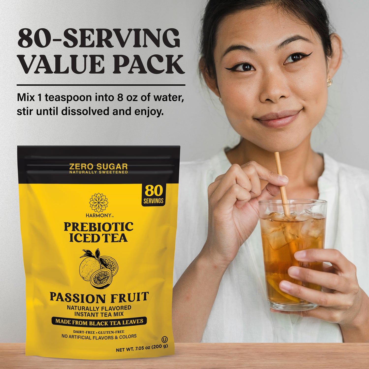Harmony Prebiotic Iced Tea Passion Fruit Black Tea Flavor, Zero Sugar, 2g Prebiotic Fiber, 10 Calories per Serving, 20 Servings