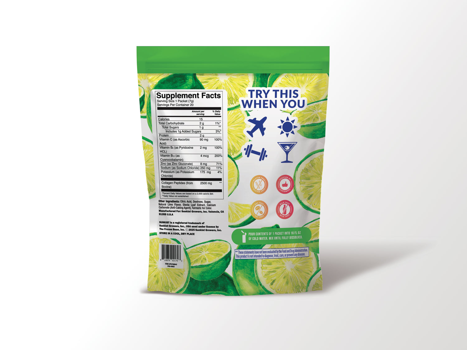 Sunkist All-In-One Wellness Drink Mix, Limeade Flavor, Hydration & Collagen Peptides, Magnesium, Vitamin C & Zinc (10 Sticks)
