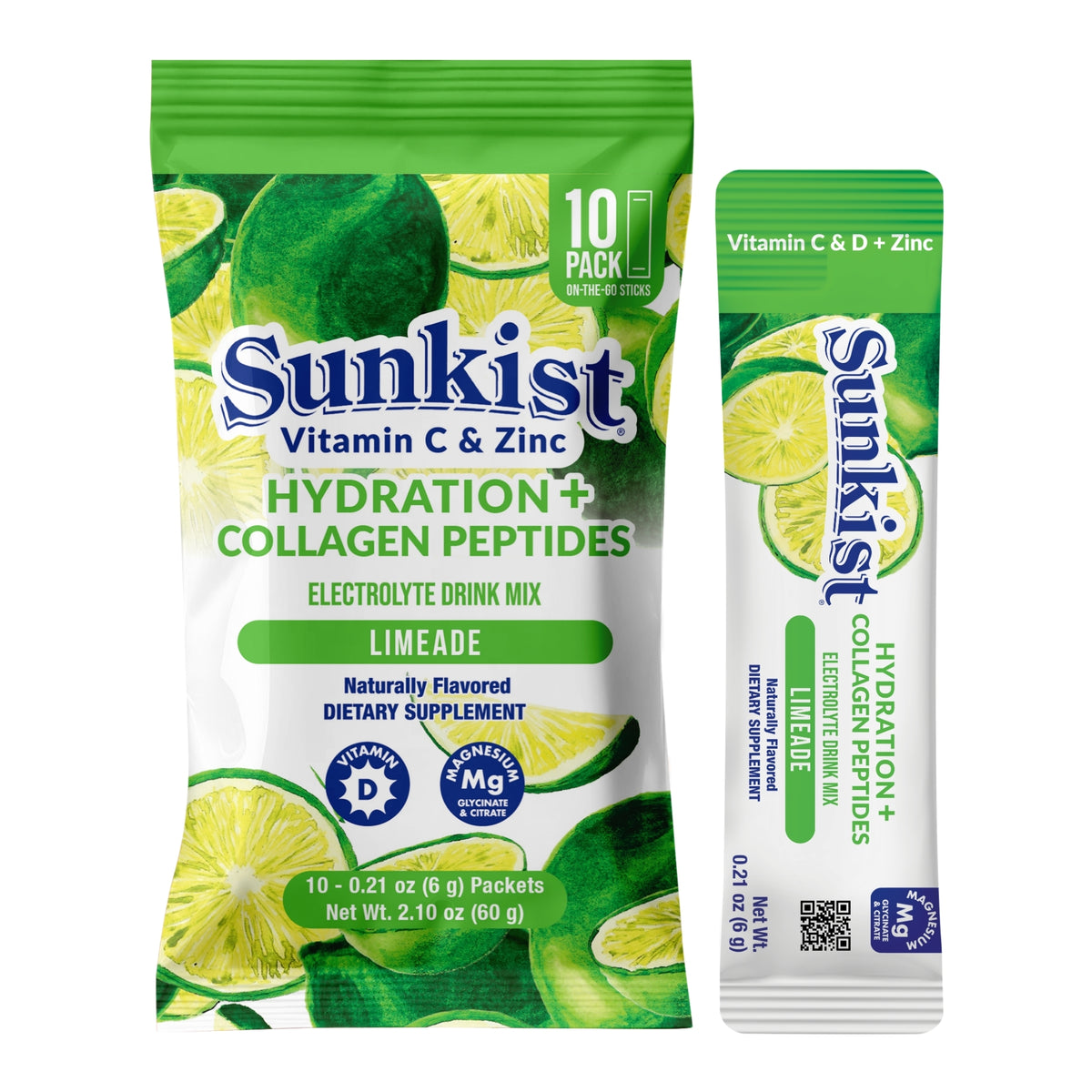 Sunkist All-In-One Wellness Drink Mix, Limeade Flavor, Hydration & Collagen Peptides, Magnesium, Vitamin C & Zinc (10 Sticks)