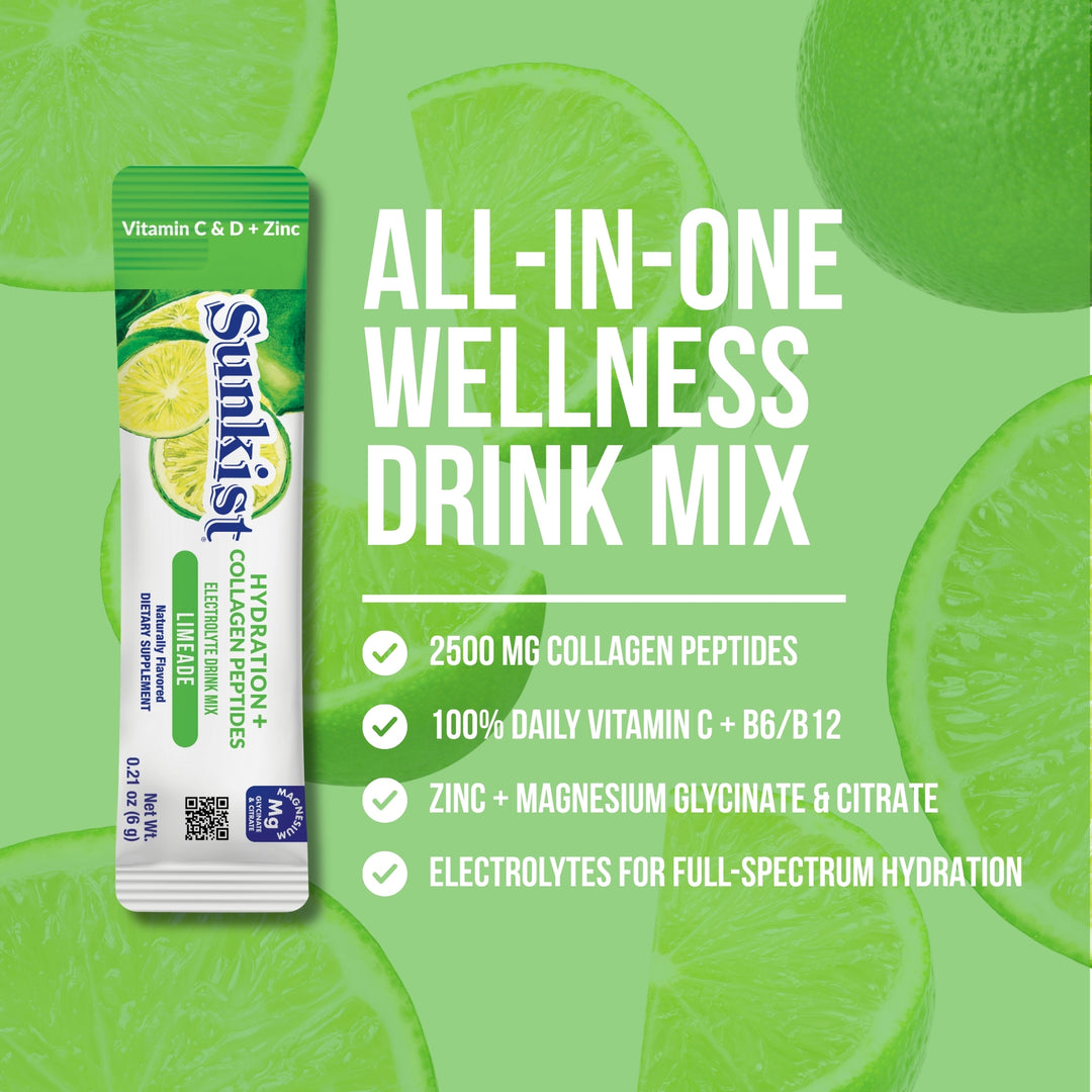 Sunkist All-In-One Wellness Drink Mix, Limeade Flavor, Hydration & Collagen Peptides, Magnesium, Vitamin C & Zinc (10 Sticks)