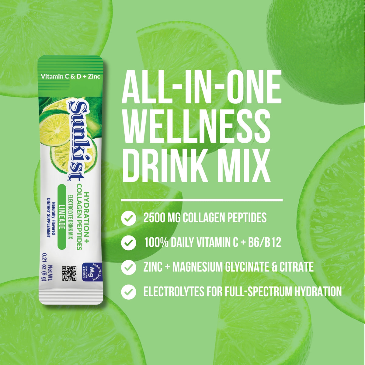 Sunkist All-In-One Wellness Drink Mix, Limeade Flavor, Hydration & Collagen Peptides, Magnesium, Vitamin C & Zinc (10 Sticks)
