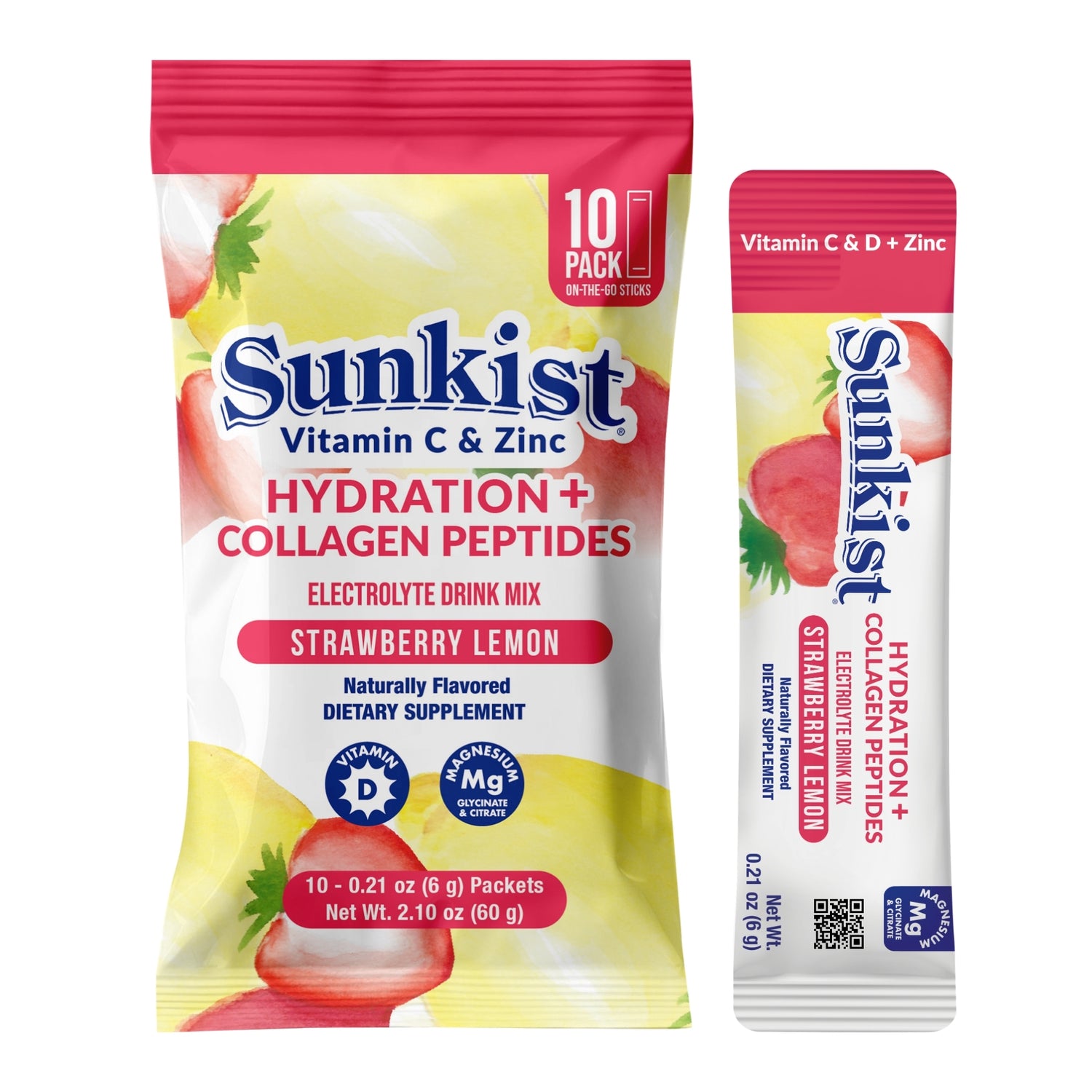 Sunkist All-In-One Wellness Drink Mix, Strawberry Lemon Flavor, Hydration & Collagen Peptides, Magnesium, Vitamin C & Zinc (10 Sticks)