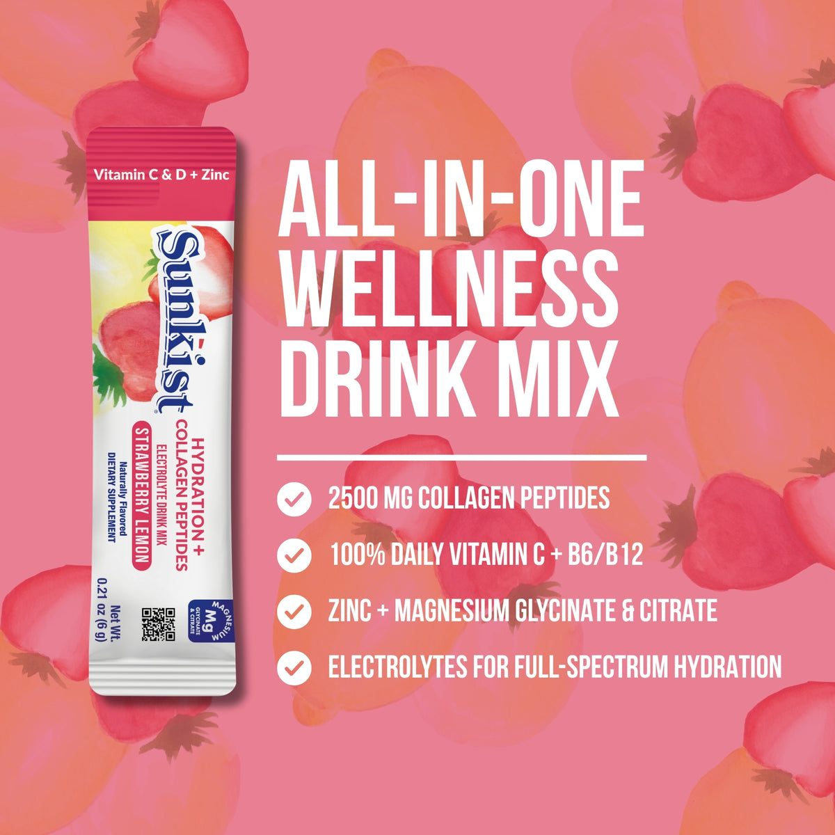 Sunkist All-In-One Wellness Drink Mix, Strawberry Lemon Flavor, Hydration & Collagen Peptides, Magnesium, Vitamin C & Zinc (10 Sticks)