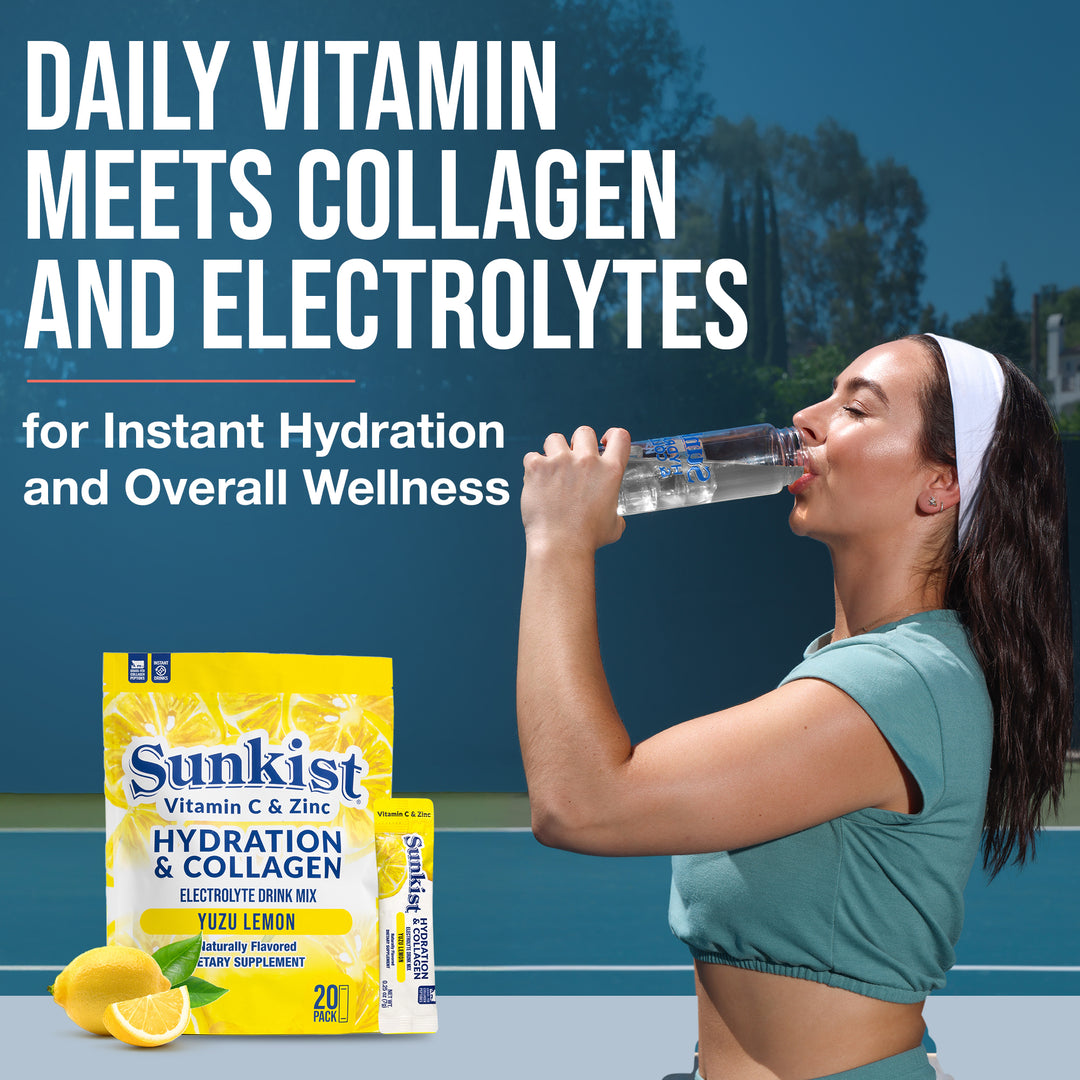 Sunkist All-In-One Wellness Drink Mix, Yuzu Lemon Flavor, Hydration & Collagen Peptides, Magnesium, Vitamin C & Zinc (10 Sticks)