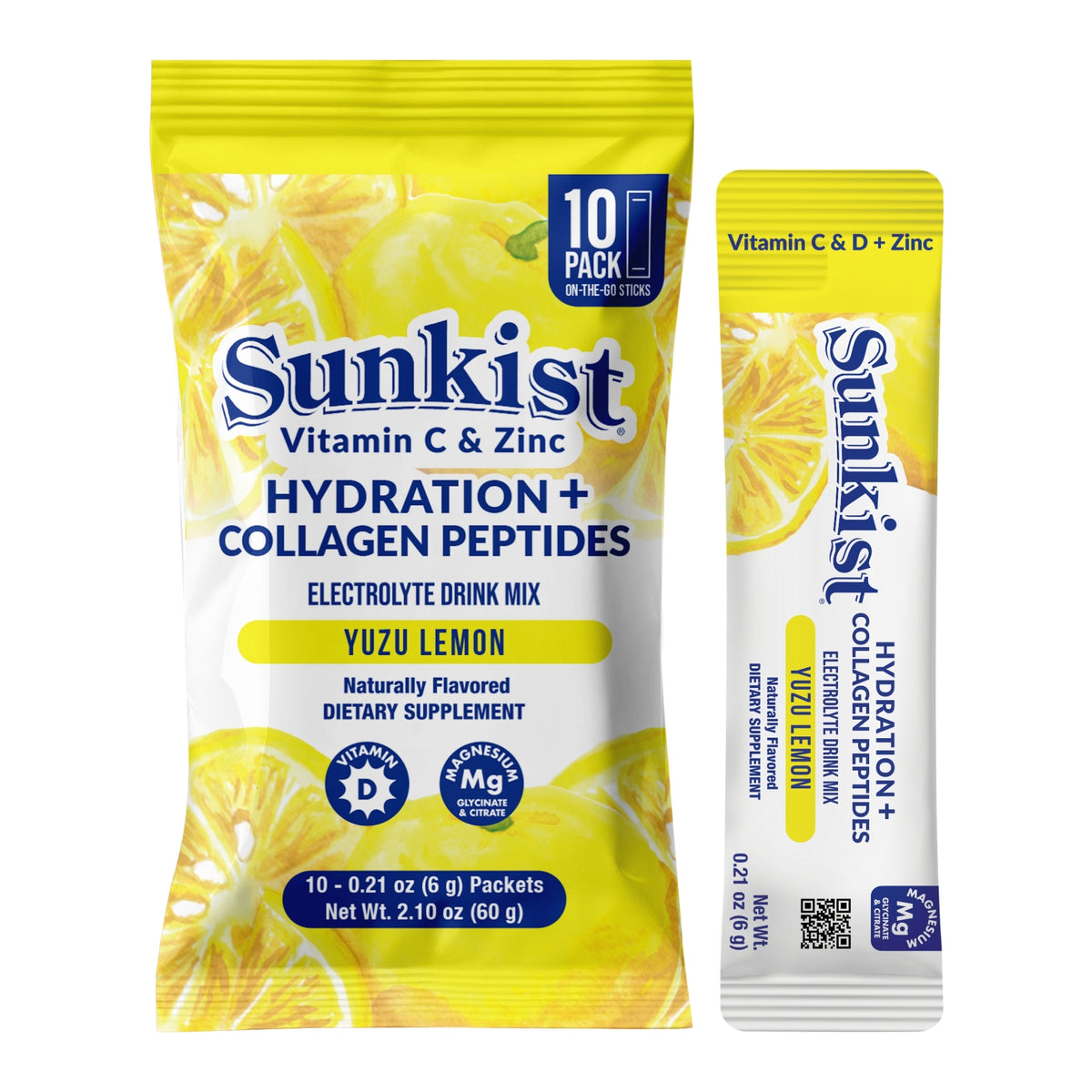 Sunkist All-In-One Wellness Drink Mix, Yuzu Lemon Flavor, Hydration & Collagen Peptides, Magnesium, Vitamin C & Zinc (10 Sticks)