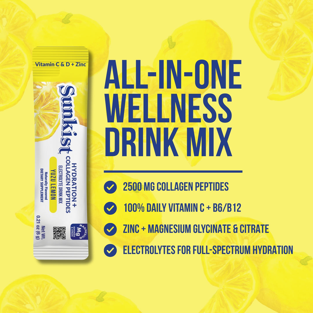 Sunkist All-In-One Wellness Drink Mix, Yuzu Lemon Flavor, Hydration & Collagen Peptides, Magnesium, Vitamin C & Zinc (10 Sticks)