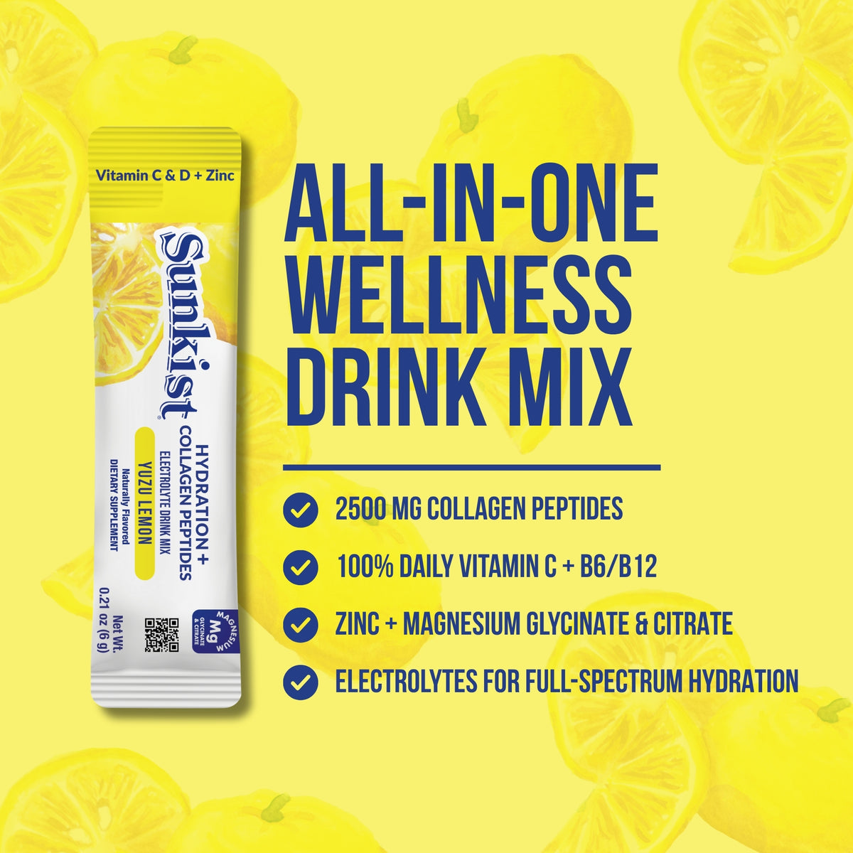 Sunkist All-In-One Wellness Drink Mix, Yuzu Lemon Flavor, Hydration & Collagen Peptides, Magnesium, Vitamin C & Zinc (10 Sticks)